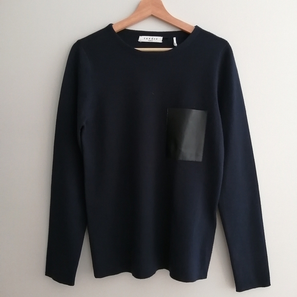 Sandro Men's Merino Wool Navy Sweater With Lamb Leather Pocket Small - Picture 3 of 15